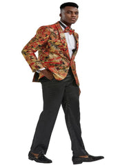 Mens One Button Slim Fit Paisley Prom Tuxedo Jacket in Red and Gold