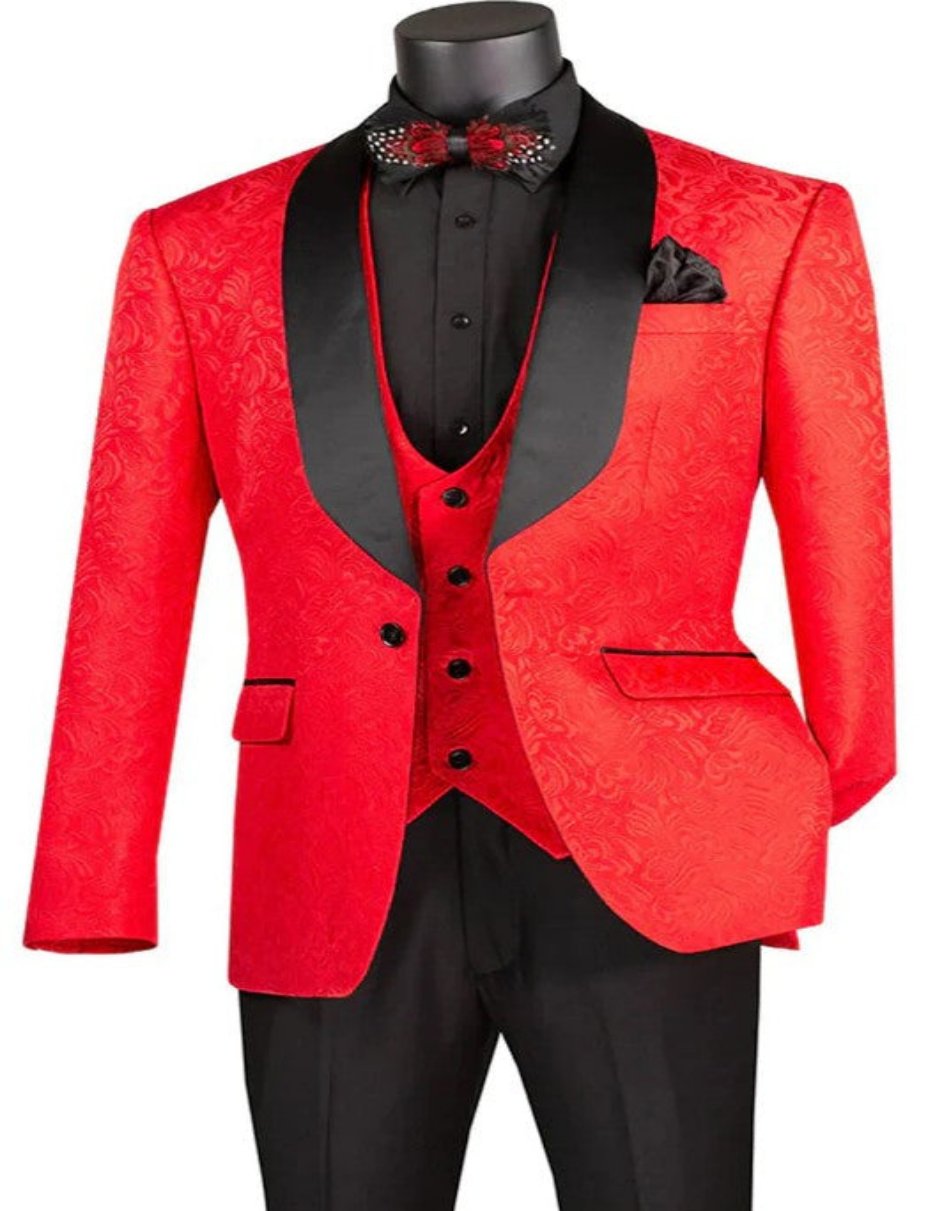 34 Mens Slim Fit Shawl Label Vested Paisley Wedding Tuxedo in Red