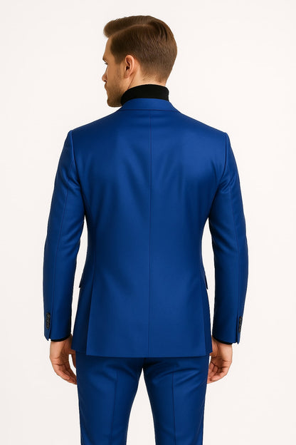 Men's Royal Blue Shiny Satin Suit  2-Piece Slim Fit Tuxedo with Peak Lapel