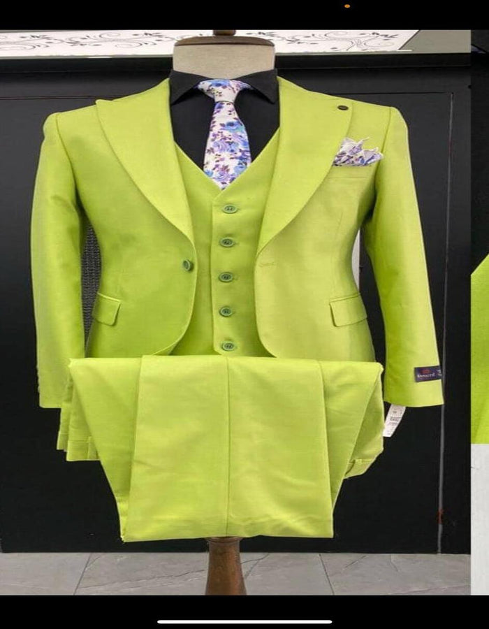 Men's Lime Green Three-Piece Suit with Floral Tie  Slim Fit Tuxedo for Weddings & Parties