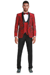 Men's Slim Fit One Button Vested Paisely Shawl Lapel Prom Tuxedo In  Red - Men's Tuxedo USA