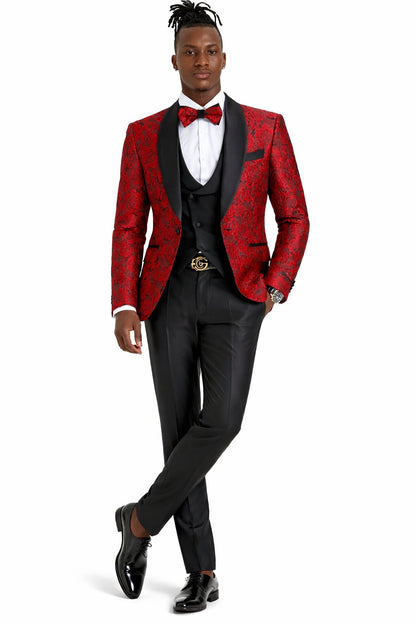 Men's One Button Slim Fit Shiny Paisely Floral Vested  Prom Tuxedo In Red