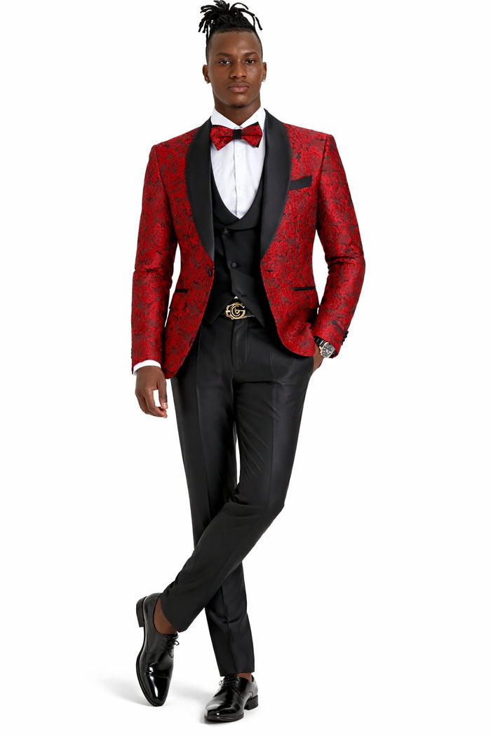 Men's One Button Slim Fit Shiny Paisely Floral Vested  Prom Tuxedo In Red