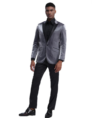Mens Satin One Button Smoking Jacket in Grey | Prom