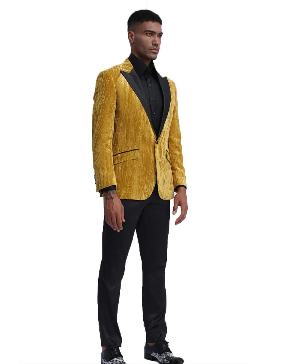 Mens Velvet One Button Smoking Jacket in Gold Prom