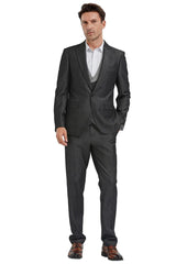 Men's One Button Peak Lapel Double Breasted Vest Suit In Black Sharkskin - Men's Tuxedo USA