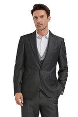 Men's One Button Peak Lapel Double Breasted Vest Suit In Black Sharkskin - Men's Tuxedo USA