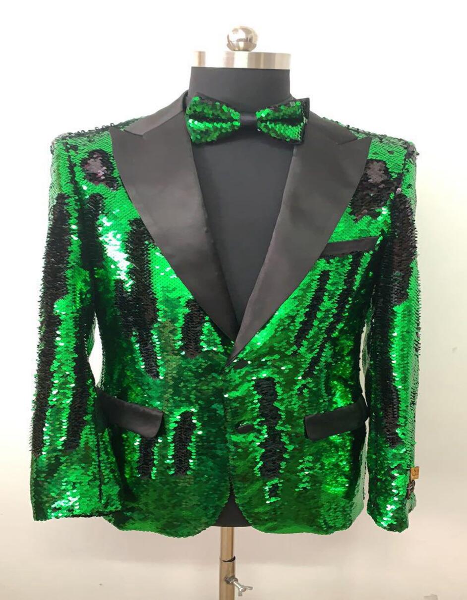 Men's Green Sequin Tuxedo Jacket with Black Satin Lapel and Bow Tie  Sparkling Party and Stage Blazer By Alberto Nardoni