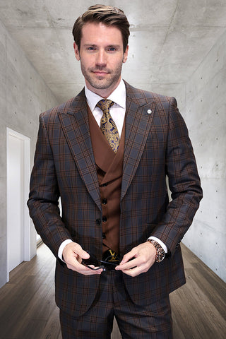 Men's One Button Peak Lapel Wool Vested Suit in Charcoal Grey Windowpane Plaid