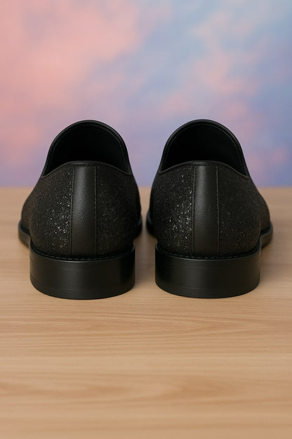 Men's Black Glitter Loafers with Spike Studded Toe  Designer Slip-On Dress Shoes for Parties and Events