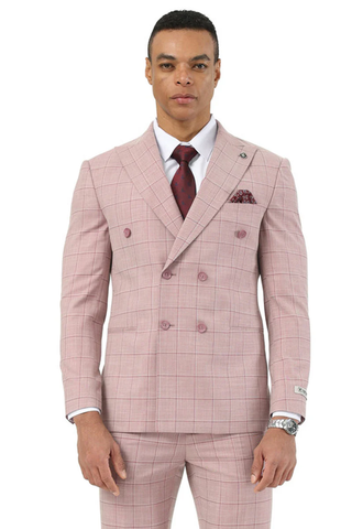 Mens Stacy Adams Double Breasted Summer Suit in Pink Windowpane Plaid
