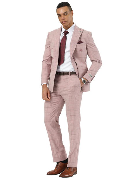 Mens Stacy Adams Double Breasted Summer Suit in Pink Windowpane Plaid