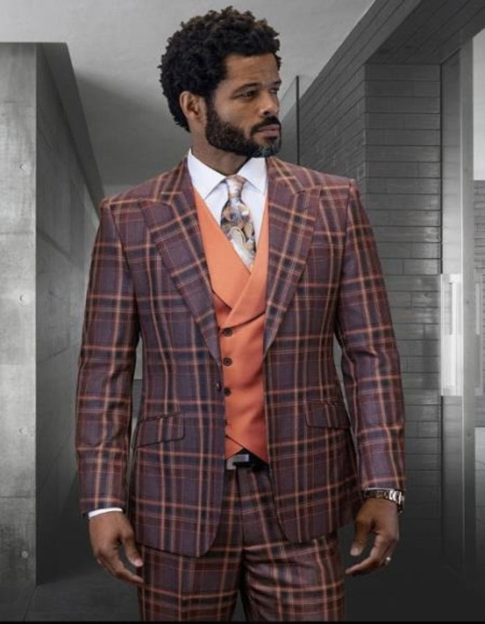 Statement Confidence Designer Suit - Copper - Orange - Super 150's Wool Suit 1 Button Peak Lapel Double Breasted Vest Rust Color Perfect For Church