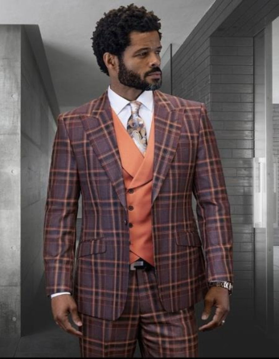 Statement Confidence Designer Suit - Copper - Orange - Super 150's Wool Suits 1 Button Peak Lapel Double Breasted Vest Rust Color Perfect For Church