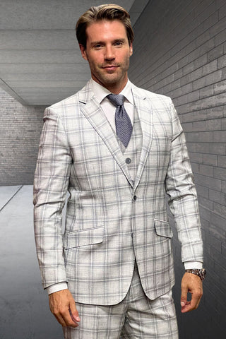 Men's Designer Vested Wool Suit in Tan Double Windowpane Plaid
