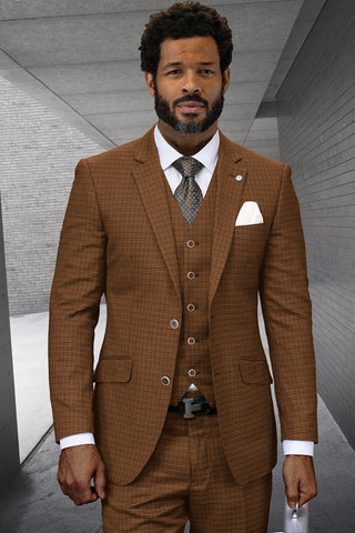 Men's Two Button Modern Fit Designer Vested Wool Suit in Copper Micro Plaid