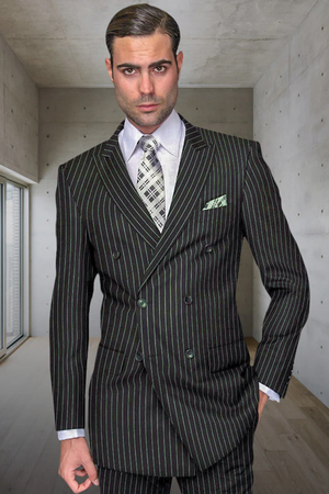 Mens Hunter Green Suit - Mens Designer Double Breasted Wool Suit in Bold Hunter Green Gangster Pinstripe