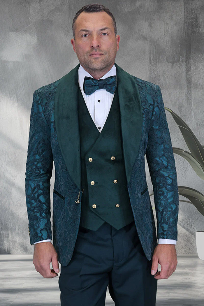 Mens Hunter Green Suit - Mens Tonal Paisley Wedding and Prom Tuxedo with Velvet Lapel and Vest in Hunter Green