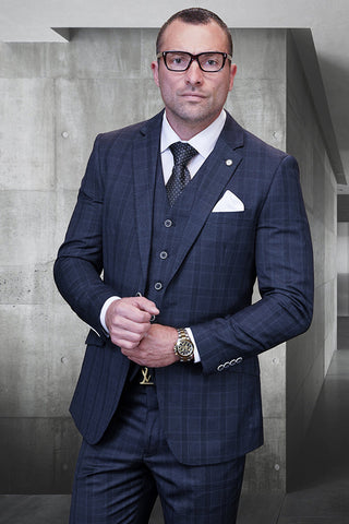 Men's Designer Modern Fit Vested Wool Suit in Charcoal Grey Glen Plaid