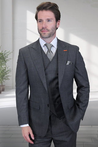 Men's Designer Vested One Button Peak Lapel Wool Suit in Charcoal Windowpane Plaid
