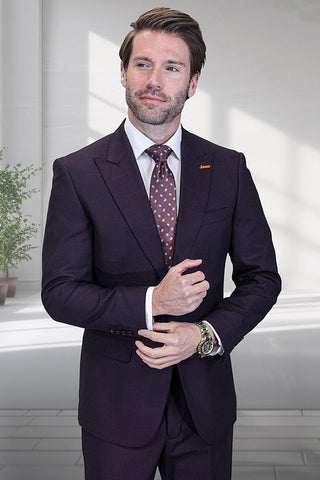 Men's Designer Two Button Peak Lapel Wool Suit in Eggplant Purple Windowpane Plaid