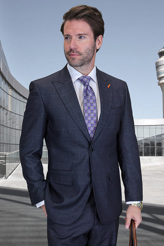 Men's Designer Two Button Peak Lapel Wool Suit in Dark Grey Windowpane Plaid