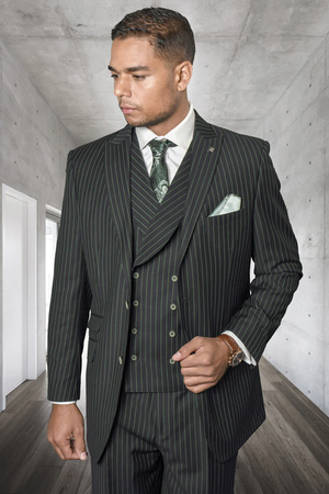 Men's Hunter Green Suit - Men's Designer Wool Pleated Pant Vested Suit in Bold Hunter Green Gangster Pinstripe