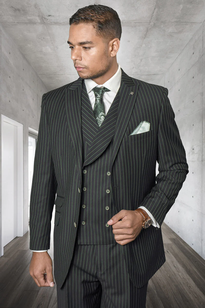 Men's Hunter Green Suit - Men's Designer Wool Pleated Pant Vested Suit in Bold Hunter Green Gangster Pinstripe