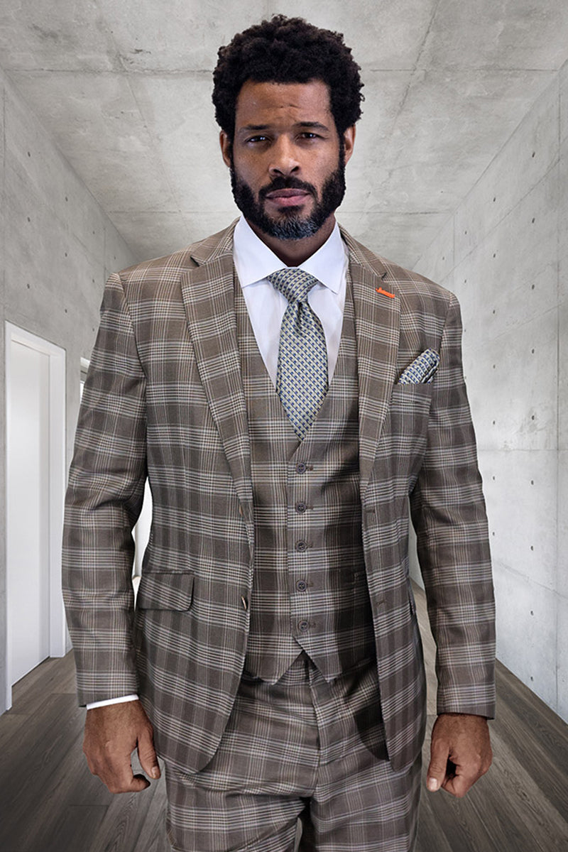 Men's Designer Wool Vested Modern Fit Windowpane Plaid Suit in Charcoal Grey