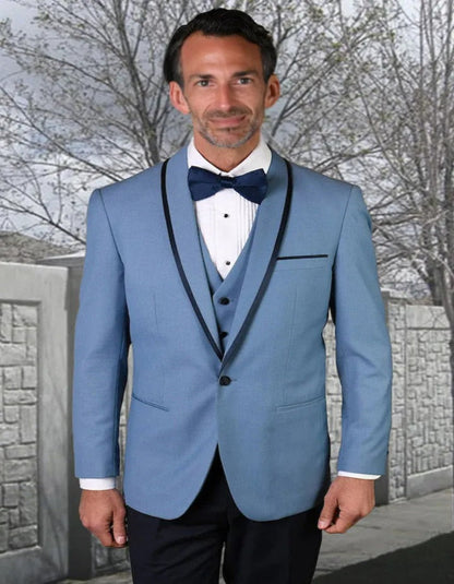 Blue Wedding Tuxedo - Men's Designer Vested Satin Trim Shawl Wedding Steel Blue Prom Tuxedo