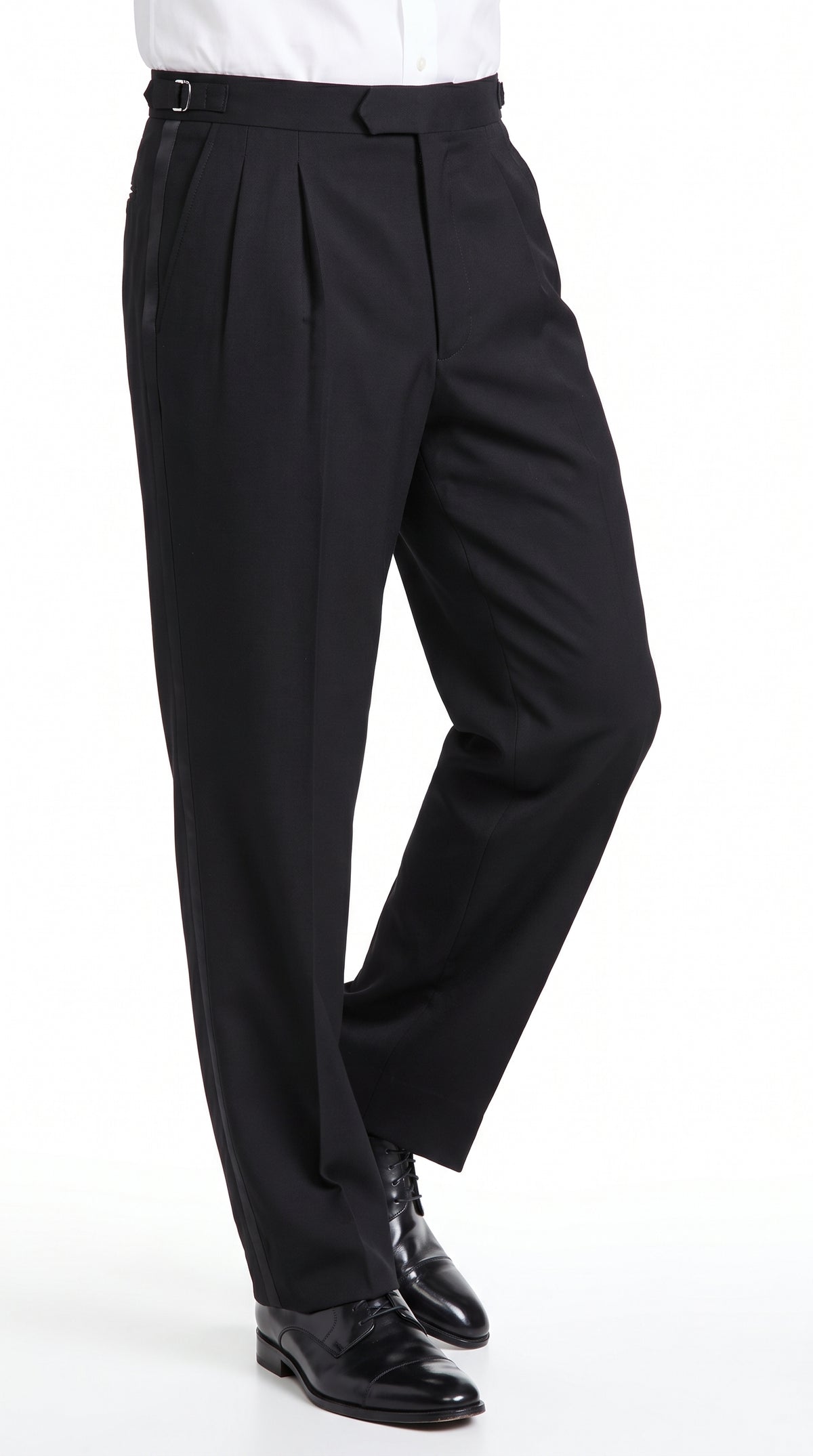 Men’s Black Super 100s Wool Tuxedo Pants, Double Pleated Formal Dress Pants with Unhemmed Bottoms
