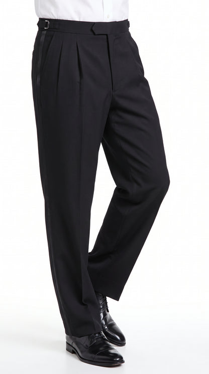 Men’s Black Super 100s Wool Tuxedo Pants, Double Pleated Formal Dress Pants with Unhemmed Bottoms