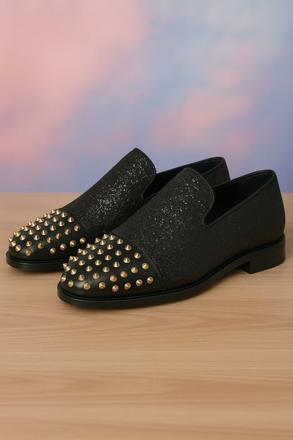 Men's Black Glitter Loafers with Spike Studded Toe  Designer Slip-On Dress Shoes for Parties and Events