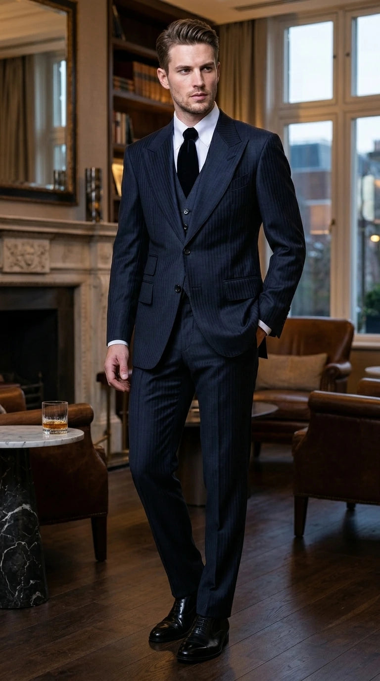 Men’s Navy Herringbone Textured 3 Piece Suit Set, Classic Formal Blazer, Waistcoat and Trouser Outfit
