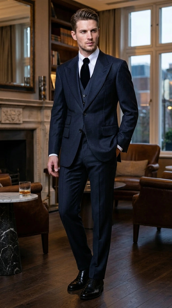 Men’s Navy Herringbone Textured 3 Piece Suit Set, Classic Formal Blazer, Waistcoat and Trouser Outfit