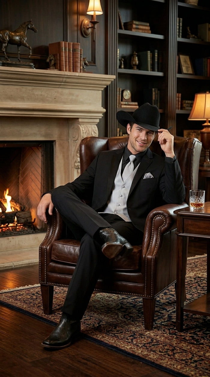 Men’s Black 2 Button Trim Cowboy Suit with Silver Waistcoat, Country Wedding Formal Suit Set