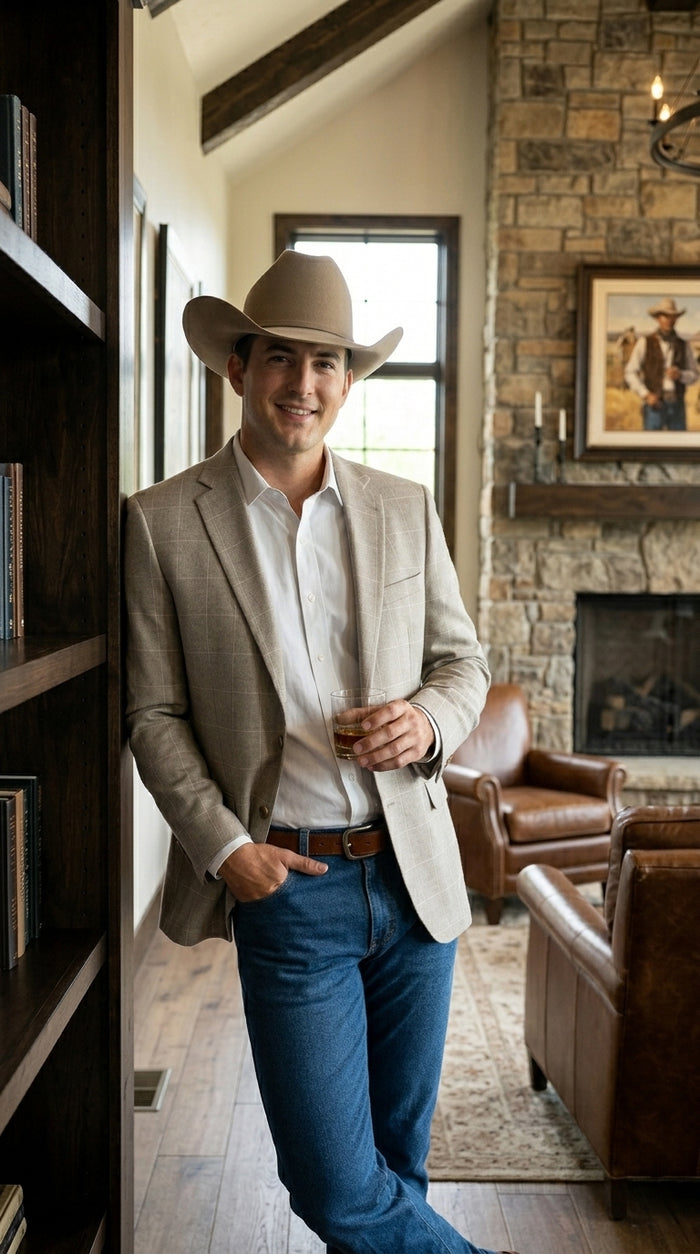 Men’s Light Tan Windowpane Plaid Western Blazer, Cowboy Sport Coat for Business Casual and Summer Events