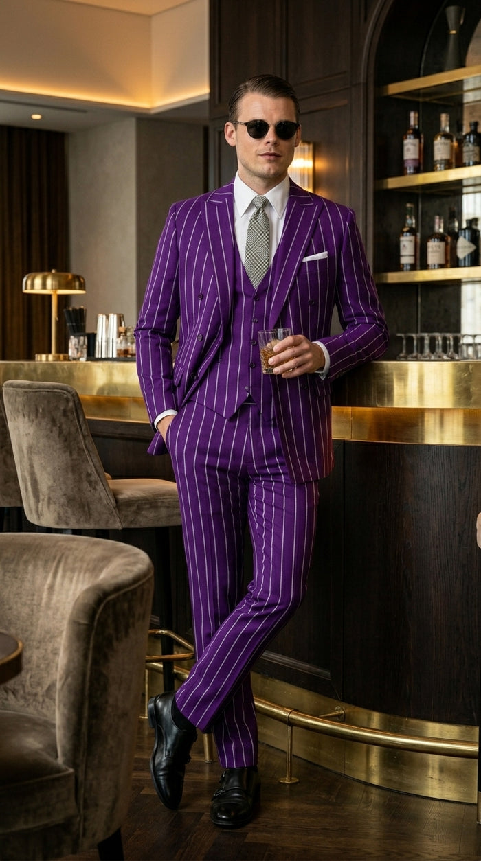 Men’s Purple Pinstripe 1920s Gangster Suit, Vintage Formal 3 Piece Wedding Prom Suit Set