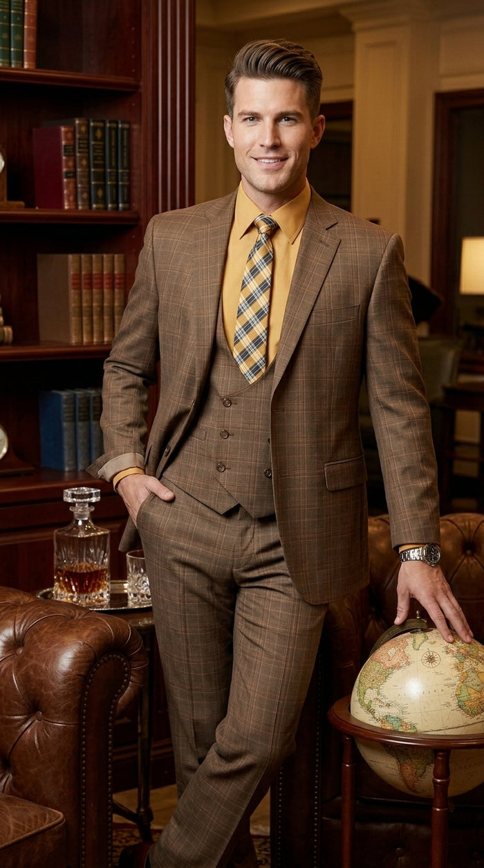Men’s Brown Windowpane Plaid 3 Piece Suit, Two Button Peak Lapel Classic Formal Suit Set