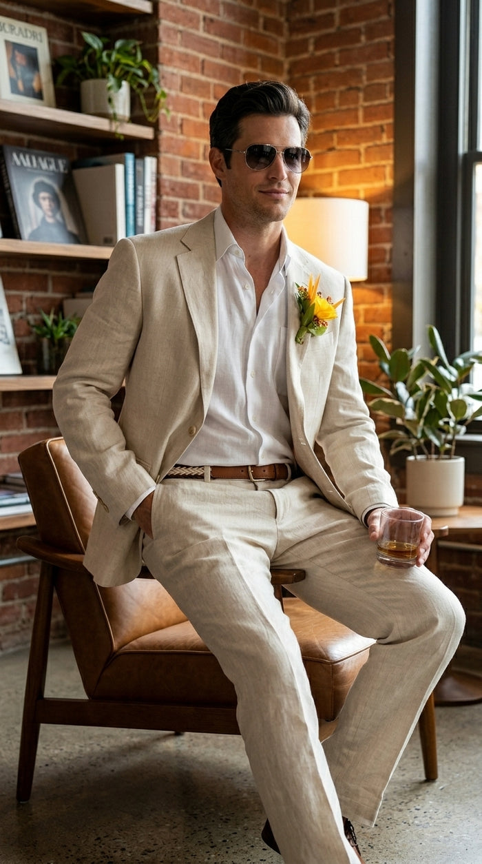 Men’s Natural Sand Light Tan Linen Suit, Summer Beach Wedding Formal Suit Set