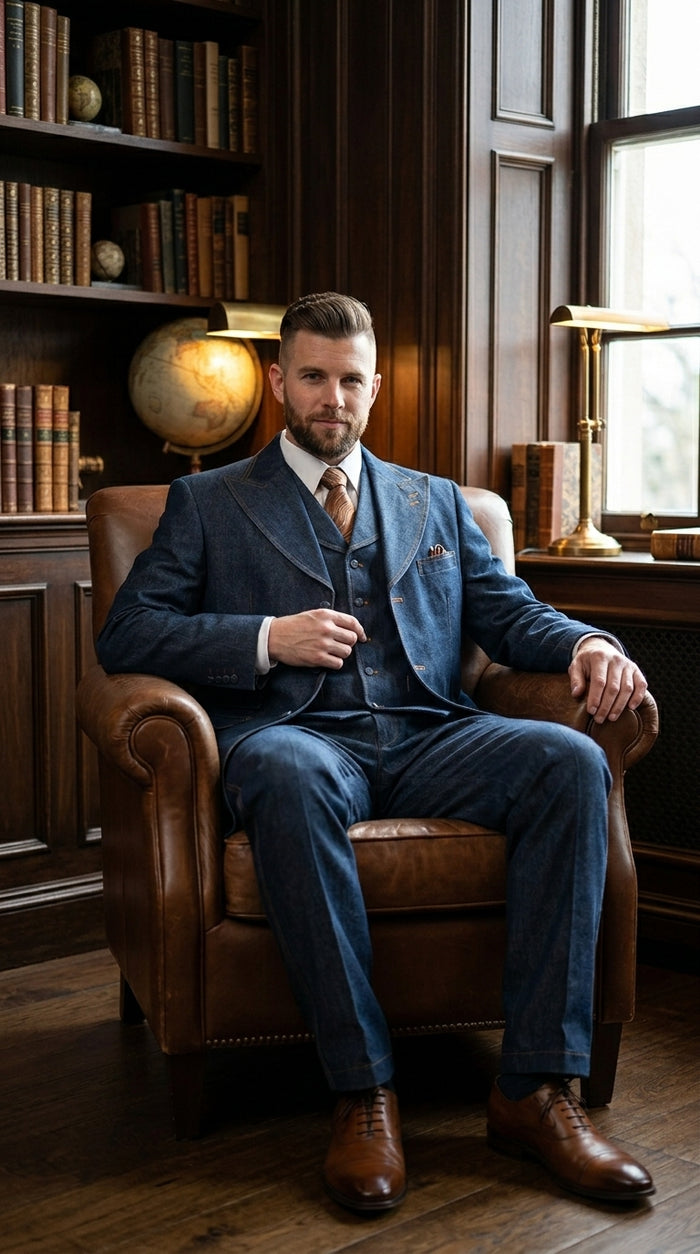 Men’s Blue Denim Zoot Suit, Long Vested Vintage Jeans Style Formal Suit Set