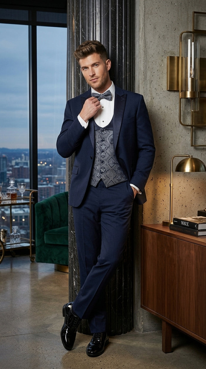 Men’s Indigo Blue One Button Shawl Tuxedo with Paisley Vest, Formal Wedding Prom Dinner Suit Set