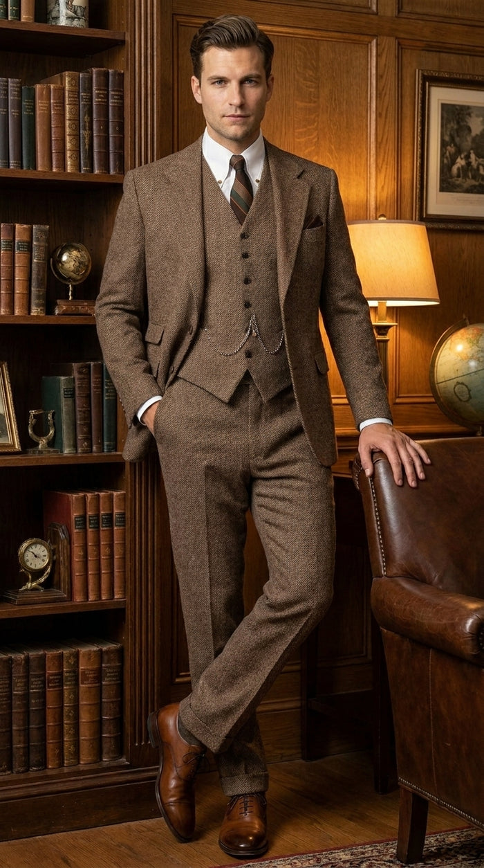 Men’s Light Brown Tweed Herringbone 3 Piece Great Gatsby Suit, Vested Vintage Wedding Formal Suit Set