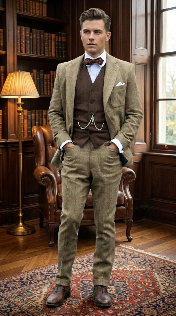 Men’s Taupe Great Gatsby Style 3 Piece Vested Suit, Vintage Wedding Prom Formal Suit Set
