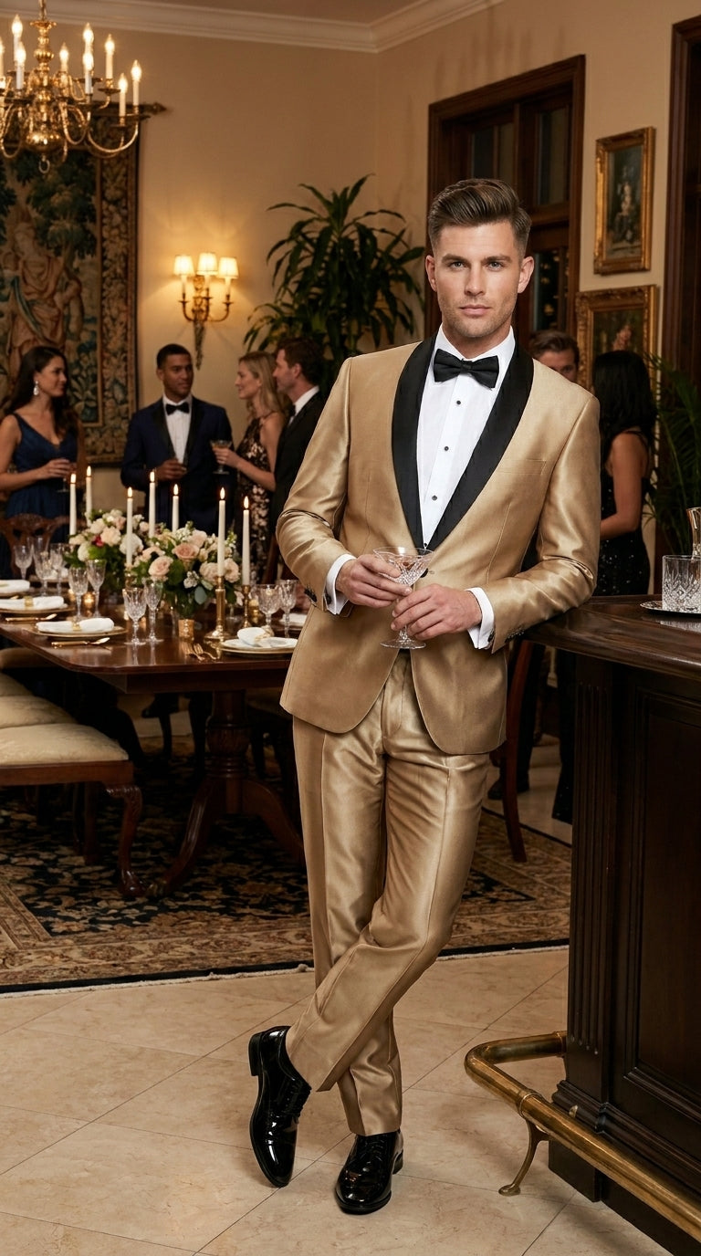 Men’s Gold Shiny Sharkskin Tuxedo with One Button Jacket, Black Shawl Lapel and Matching Pants