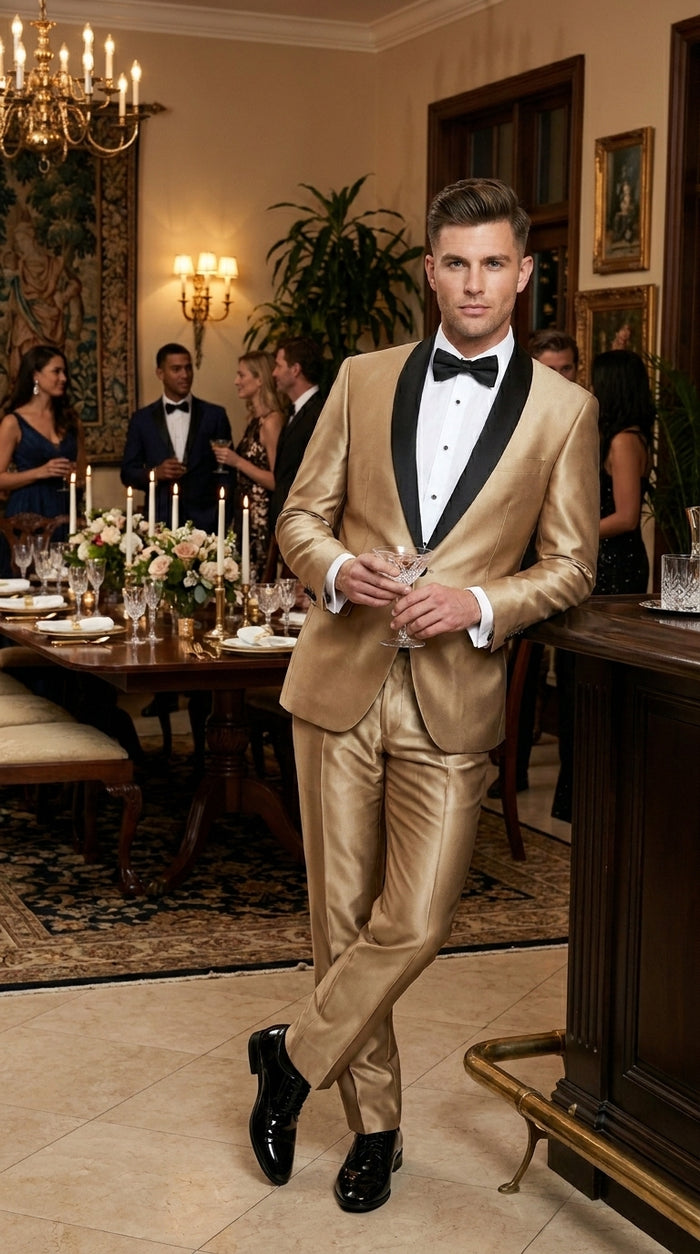 Men’s Gold Shiny Sharkskin Tuxedo with One Button Jacket, Black Shawl Lapel and Matching Pants