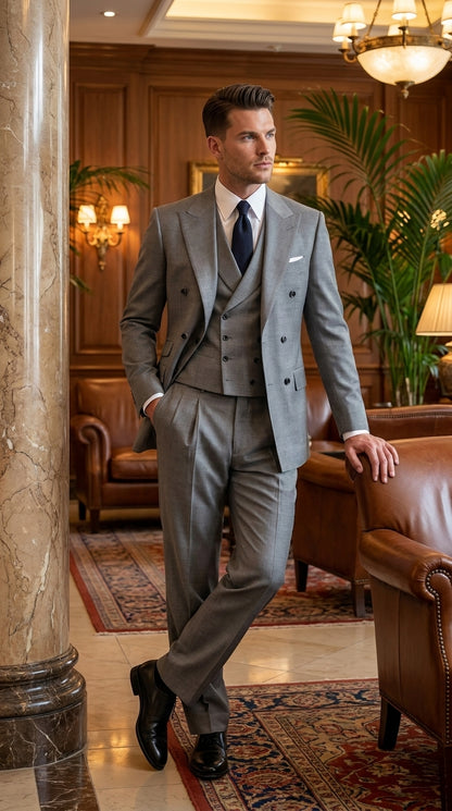 Tiglio Rosso Men’s Gray Super 150’s Italian Wool 3-Piece Suit – Double-Breasted Jacket, Vest and Wide-Leg Pants