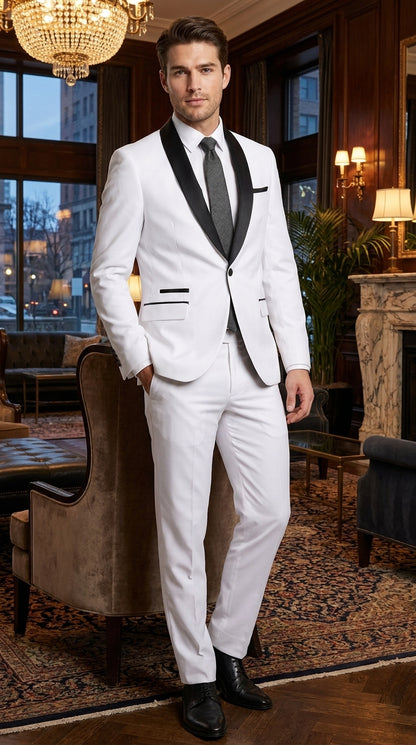 Men’s White 1-Button Shawl Lapel Tuxedo Jacket – Black Trim Wedding, Prom and Formal Dinner Blazer