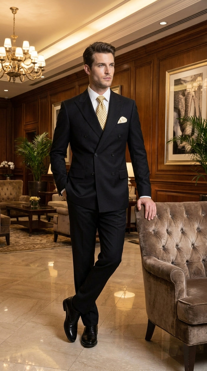 Men’s Black 100% Wool Double-Breasted Suit – Classic Business, Wedding and Formal Suit