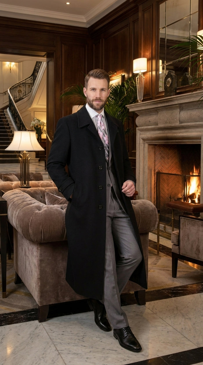 Men’s Black 100% Wool Gabardine Full-Length Overcoat – Wide Lapel Formal Top Coat